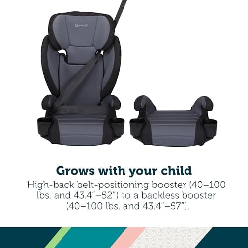 Safety 1st Grow and Go 2-in-1 Booster Car Seat with ComfortWings, Converts High-Back to Backless, 19" Wide, Fits 3 Across, Lightweight, Foldable, Easy-Clean, Cup Holders, 40-100 lbs, Black Sand