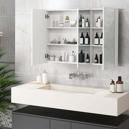 GOFLAME Medicine Cabinet with Mirror, Frameless Bathroom Wall Mounted Mirror Cabinet with 3 Doors and Adjustable Shelves, Bathroom Mirror with Storage, Recess or Surface Mount Installation