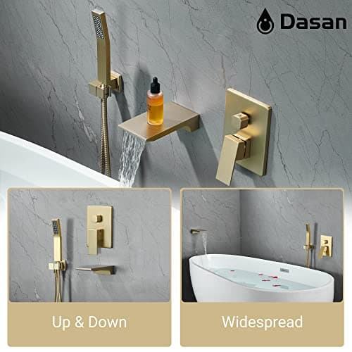 DASAN Waterfall Tub Filler Faucet Wall Mount with Hand Shower, Modern Wall Mounted Bathtub Faucet Brushed Gold Tub Faucet with High Flow Rough in Valve, SA-TF01WH-BG