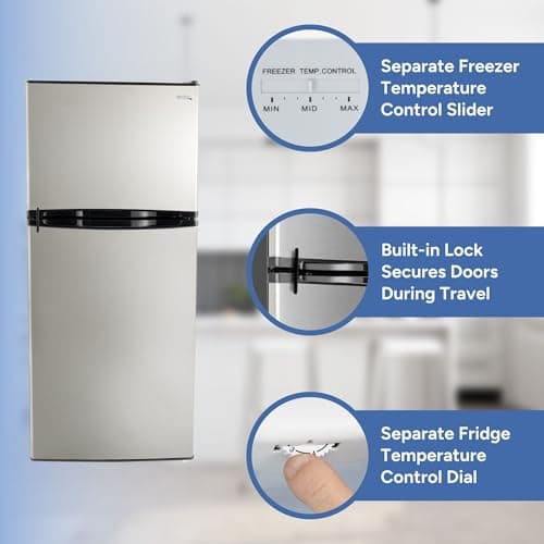 RecPro 10 Cu Ft 12V RV Refrigerator | Black Frost-Free Fridge with Freezer | Double Door, Adjustable Shelves, Reversible Door, Built-In Lock | 23.5”W x 26”D x 59”H | Off-Grid & Dry Camping Ready