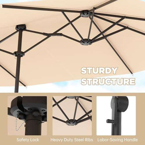 15FT Large Patio Umbrella with Base Included, Outdoor Deck Standing Umbrella with Crank Handle, Double-Side Rectangular Pool Umbrella for Outside, Market, Patio, Beige