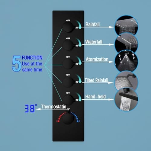 Enga Luxury Dual Shower Head System LED Thermostatic Shower System with 6 inch Wall Shower, 20-Inch 3 Function Shower Head (Rainfall & Mist & Waterfall), Matte Black