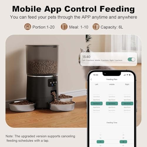 3-Cat Automatic Pet Feeder, 6L WiFi Cat Food Dispenser with APP Control, 1-10 Meal Programmable, Voice Recorder, Smart Alerts, Stainless Steel Bowls for Cats and Small Dogs (Black)
