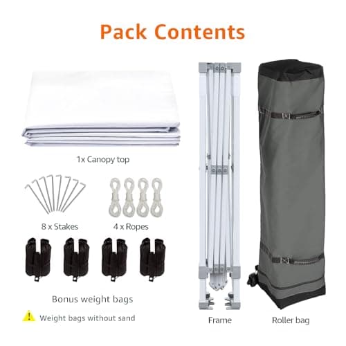 Amazon Basics Outdoor Pop Up 10 x 10 Canopy Tent for Events, Portable with Easy Setup, Includes Wheeled Carry Bag, 8 Pegs, 4 Ropes, 4 Weighted Bags, White