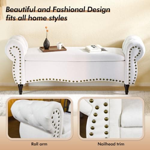Storage Ottoman Bench, 53" Length Upholstered Bench & Ottoman with Safety Hinge, Tufted Bed Bench with Rolled Arm and Nailhead Trim, End of Bed Storage Bench for Bedroom, Living Room, Entryway