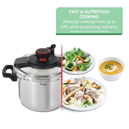 T-fal Clipso Stainless Steel Pressure Cooker 6.3 Quart, Induction, Secure locking System, One Hand System, Recipe Book Included, Cookware, Pots and Pans, Kitchen, Dishwasher Safe, Silver