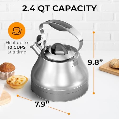 Stovetop Whistling Tea Kettle – 2.4 QT Stainless Steel Teapot with Ergonomic Handle, Fast Heating for Gas, Electric & Induction Stoves – Satin Finish, Silver