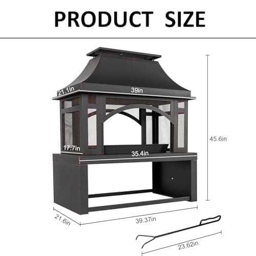 39" Fire Pits with Wood Storage for Outside, Large Wood Burning Outdoor Fireplace with Chimney, Mesh Spark Screen & Fire Poker, Idea for Backyard, Patio, Party, Camping, Picnic