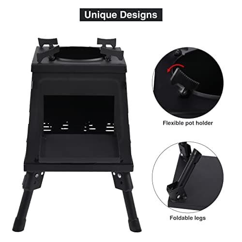 Lineslife Wood Burning Camp Stove, Portable Cast Iron Camping Wood Stove, Black Woodstove with Carrying Case for Backpacking Outdoor Cooking