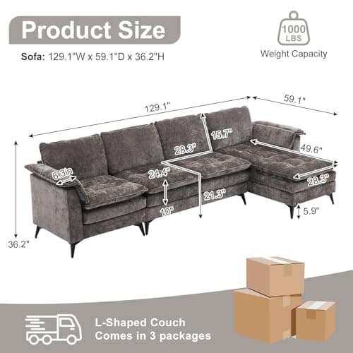 VINGLI 129'' Reversible Sectional Couches for Living Room,L-Shaped Couch Sofa Set with Chaise,Comfy Cloud Couches in Lattice Decored Seat Cushion with Double Pads, Grey