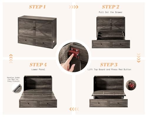 AMERLIFE Queen Murphy Bed with Storage & Charging Station, Farmhouse Murphy Cabinet with Foldable Panel, Noisy Free, for Living Room, Guest Bedroom, Office, Rustic Gray