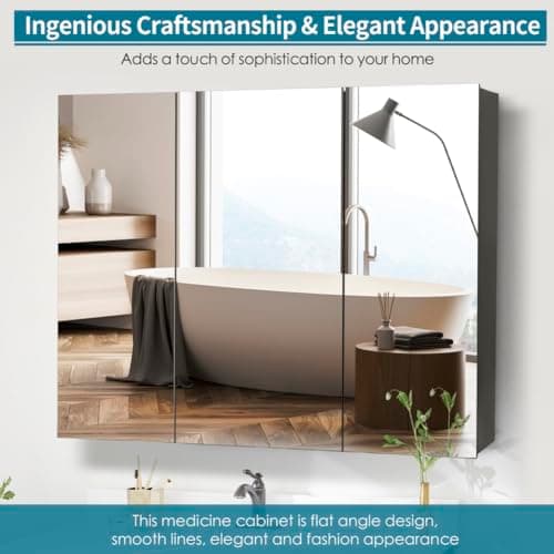 Movo 40 Inch x 28 Inch Black Bathroom Mirror Medicine Cabinet, Frameless Large Wall Mount Medicine Cabinet with 3 Doors,Rmovable Shelves
