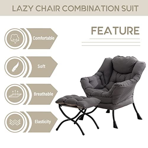 LITA Lazy Chair with Ottoman, Modern Accent Leisure Upholstered Lazy Sofa Armchair, Contemporary Lounge Reading Chair with Armrests and a Side Pocket for Living Room, Bedroom & Small Space, Dark Grey