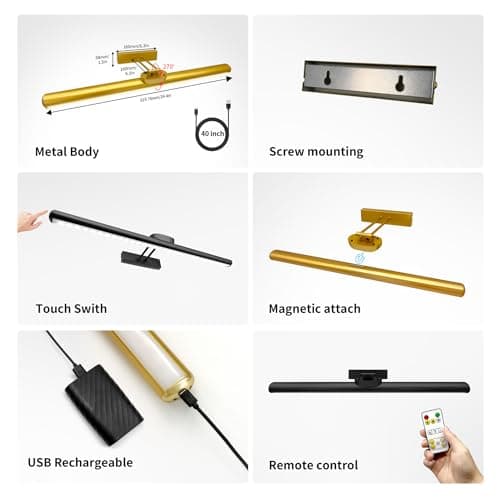 24.4" Wireless Picture Lights, Rechargeable Battery Art Display Light with Remote Control, Dimmable/Timer Off Dartboard Light, 3 Lighting Modes Full Metal Painting Display Lights (Gold-1Pack)