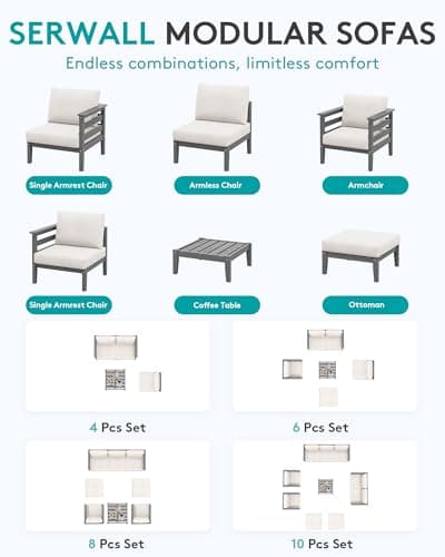 SERWALL HDPE Patio Furniture Set, 10 Pieces Outdoor Sectional Sofa Set, All-Weather Wood-Like Outdoor Sofa Couch with Coffee Table for Deck, Lawn, Grey Frame with Khaki Cushion