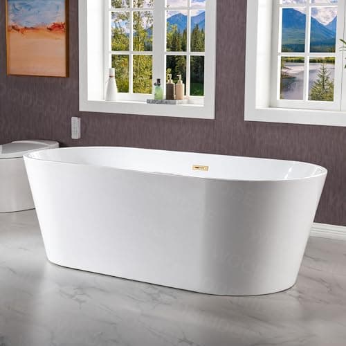 WOODBRIDGE 71" Acrylic Freestanding Bathtub Contemporary Soaking White Tub with Brushed Gold Overflow and Drain,B1701-BG