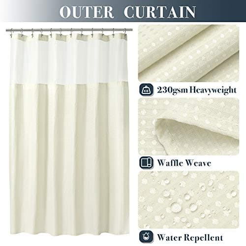 N&Y HOME Waffle Weave Shower Curtain with Snap-in Fabric Liner & Hooks Set - Hotel Style Cream Shower Curtain for Bathroom, Water-Repellent & Washable, Mesh Top Window - 71x72, Cream