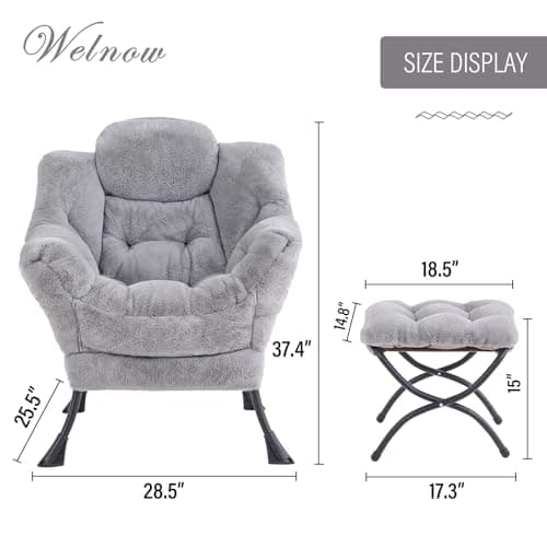 Welnow Lazy Chair with Ottoman, Modern Lounge Accent Chair with Armrests and a Side Pocket, Leisure Sofa Armchair, Reading Armchair with Footrest for Small Space, Plush Grey