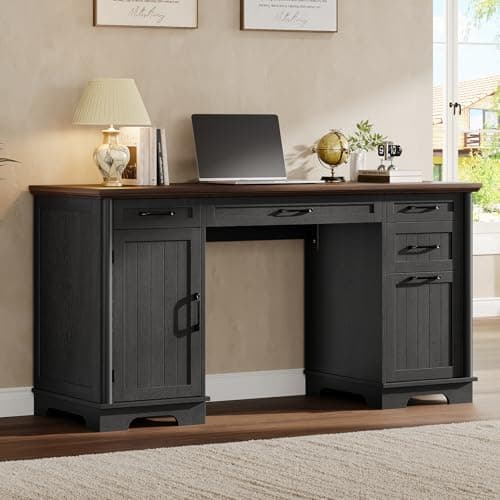 56" Large Modern Executive Desk, Farmhouse Computer Desk with File Drawers, Wood Home Office Desks with Charging Station, Adjustable Shelf, Storage Cabinet, for Writing Work Study (Black)