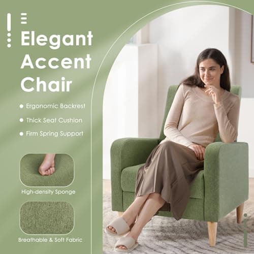 COLAMY Accent Living Room Chairs Set of 2, Upholstered Fabric Arm Chair Reading Side Chair with Back Pillow and Wood Legs, F-Green