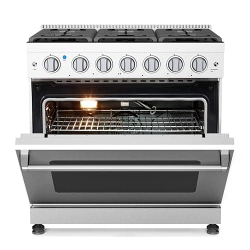 36 Inch Freestanding Dual Fuel Range Oven Stove, 6.0 Cu. Ft True Convection and Self Clean, Cooktop 6 Sealed Gas Burners, Stainless Steel