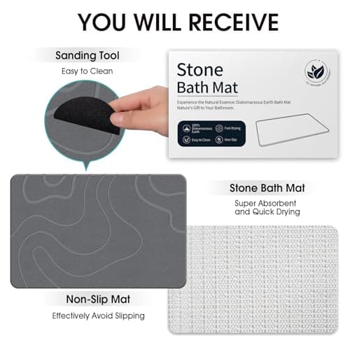 Stone Bath Mat Diatomaceous Earth Shower Mat Non-Slip Super Absorbent Diatomite Stone Mats for Bathroom Floor Quick-Drying Easy to Clean (24''*16'' Grey)
