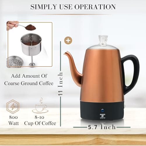 Moss & Stone Percolator Coffee Pot Electric 10 Cup, Stainless Steel Coffee Maker, Coffee Percolator Electric With Keep Warm Function, 10 Cups Stainless Steel Percolator With Coffee Basket