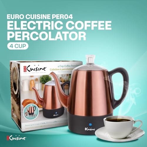 Euro Cuisine PER04 Stainless Steel Electric Coffee Percolator, 4 Cup, Polished Copper Finish, Dripless Gooseneck Spout, Clear Glass Knob, Brewing Indication, Keep-Warm Function, Detachable Cord