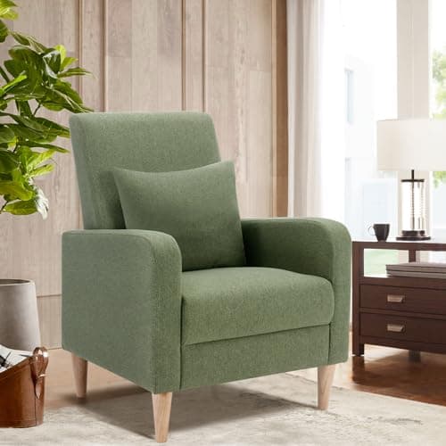 COLAMY Accent Living Room Chairs Set of 2, Upholstered Fabric Arm Chair Reading Side Chair with Back Pillow and Wood Legs, F-Green