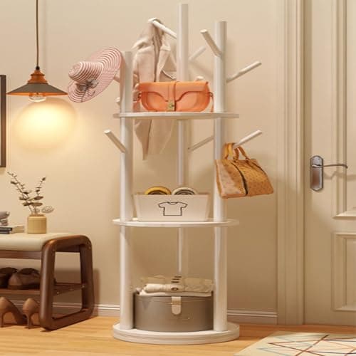 Solid Wood Rotary Coat Rack, Freestanding Coat Rack with 3 Shelves and 9 Hooks, Coat Tree for Bedroom, Entryway, Livingroom, Coat Hanger Stand,Walnut