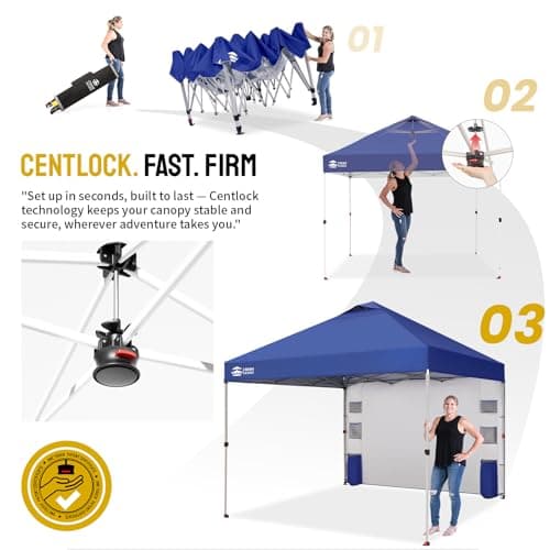 CROWN SHADES Canopy Tent, 10 x 10 Foot Portable Pop Up Outdoor Shelter with Pocket Sidewall, Push Center Lock, UV Protection, and Carry Bag, Navy Blue