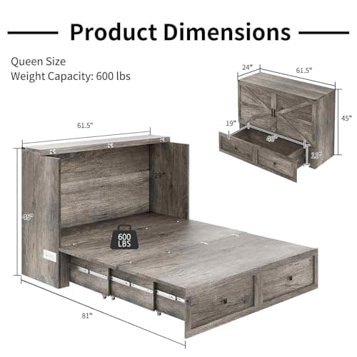Murphy Bed Queen Size Cabinet Bed with Charging Station, Large Storage Drawer for Home Office or Small Room, Hideaway Bed Full Foldable Platform Bed, Rustic Grey