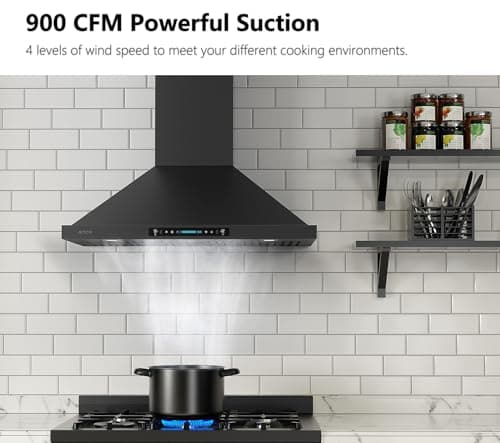 IKTCH 36 inch Black Wall Mount Range Hood, 900 CFM Ducted/Ductless Stainless Steel Vent Hood with Gesture Sensing & Touch Control Switch Panel, 2 Pcs Adjustable Lights(IKP02-36-BSS)