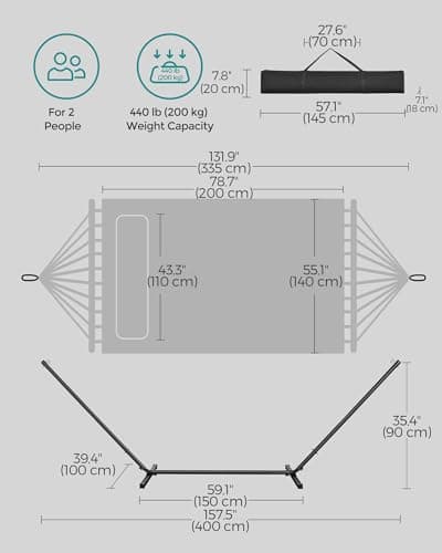 SONGMICS Hammock with Stand, Quilted Hammock with Curved Bamboo Spreaders, Pillow, 78.7 x 55.1 Inches, Portable Padded Hammock Holds up to 440 lb, Black and Gray UGHS002G01