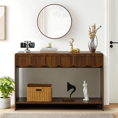 Console Table with Drawers, Mid-Century 43 Inches Narrow Entryway Tables with Open Storage Shelves, Hallway Accent Tables Behind Couch Table for Living Room - Walnut