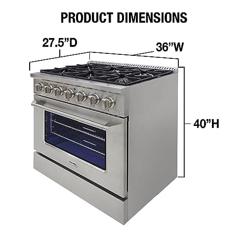 DE360GRSSS Gas Range Cooktop 36-Inch with Porcelain Convection Oven and Broil Function, 6 Sealed Burners and Continuous Grates with Stainless Steel Construction, Silver