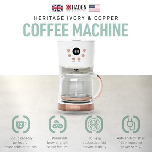 Haden Coffee Machine, 12 Cup Programmable Drip Coffee Maker with Auto Shut-Off Function and Reusable Washable Water Filter, Ivory & Copper