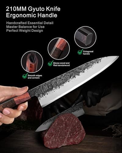 8.27 Inch Japanese Chef Knife, 210MM Black Forged Japanese Knife with Red Sandalwood and Eboy Wood Handle, Gyuto Chefs Knives with Premium Gift Box (WA Series)