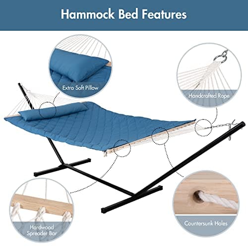 ANOW Double Hammock with Stand Included, Rope Hammock with Detachable Pillow and Pad for Outdoors Indoors, 450 LBS Weight Capacity, Blue
