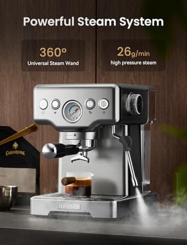 Neretva Espresso Machine, 15 Bar Espresso Coffee Machine with Visible Pressure Guage Professional Espresso Maker with Milk Frother & Stainless Steel for Home Barista Latte and Cappuccino Maker-Silver
