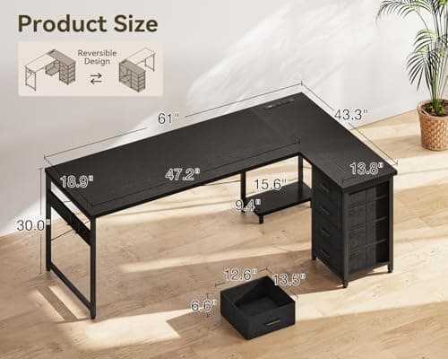 AODK L Shaped Gaming Desk with 4 Drawers, 61" Reversible Home Office Desks with Power Outlets, L Shaped Computer Desk with USB Charging Port and Host Stand, Corner Desk, Easy to Assemble, Black