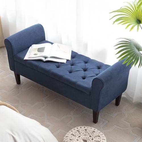 HUIMO 50.4" Arm Storage Bench with 7.5-inch Solid Wood Legs, Button-Tufted Storage Ottoman, Upholstered Window Sitting Bench for Bedroom,End of Bed Bench Indoor, Living Room, Entryway (Blue)