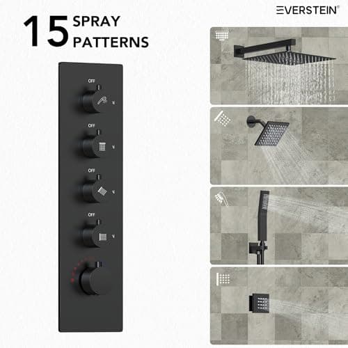 Thermostatic Shower system with 6 Body Jets, 16, 6 in. Bathroom Shower Set Wall Mount Dual Shower Head Faucet in Matte Black