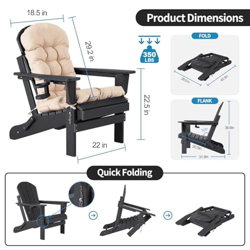 nalone Folding Adirondack Chairs Set of 2 with Cushions and Cup Holder, HDPE Plastic Oversized Patio Chair Weather Resistant, Used in Outdoor, Fire Pit, Deck, Garden, Campfire Chairs (Black)