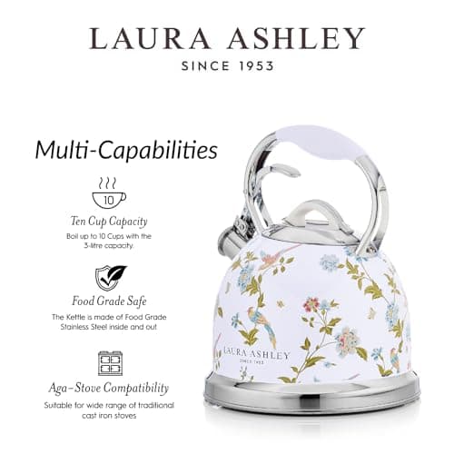 Laura Ashley Elveden White Stovetop Kettle with Whistle - 2.5L Fast Boil Stainless Steel Kettle Stove Top - Silicon Coated Cool Handle Camping Kettle for Gas, Induction Hob - Compatible with Aga Stove