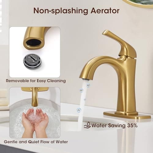 Brushed Gold Single Hole Bathroom Faucets, Single Handle Brass Bathroom Sink Faucet for 1 or 3 Holes, Vanity Faucet with Pop Up Drain and Supply Lines, Deck Plate