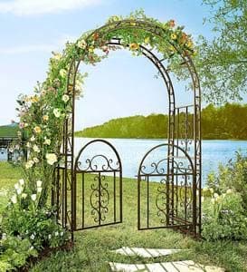 Plow & Hearth Arch Metal Outdoor Garden Arbor Double Gate | Montebello | 7 Feet Tall | Gunmetal Black | Trellis Lattice Climbing Plants