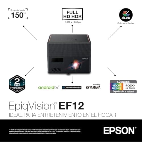 Epson EpiqVision Mini EF12 Smart Streaming Laser Projector, HDR, Android TV, Movies, Family Gaming, Portable, sound by Yamaha, 3LCD, Full HD 1080p, 1000 lumens Color & White Brightness Bluetooth Black