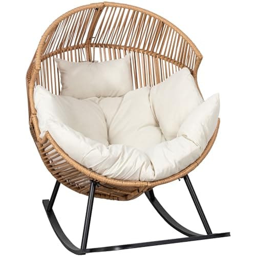 Shintenchi Wicker Egg Chair,Oversized Outdoor Indoor Rocking Chair,Large PE Rattan Rocking Chair with Cushion for Patio, Balcony, Backyard, Garden, Beige
