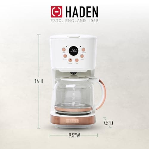Haden Coffee Machine, 12 Cup Programmable Drip Coffee Maker with Auto Shut-Off Function and Reusable Washable Water Filter, Ivory & Copper